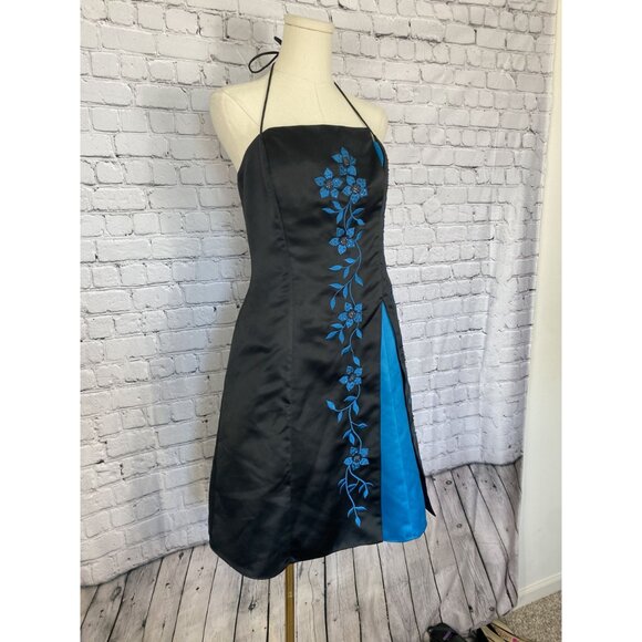 Vintage Y2K Morgan & Co Size 10 Black Blue Floral Boned Strapless Mini Dress - Picture 2 of 8